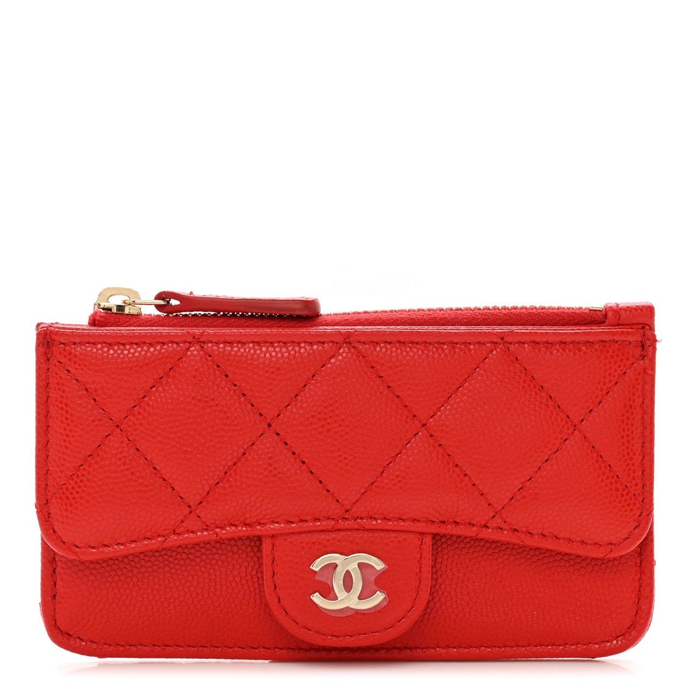 Caviar Quilted Flap Zip Card Holder Red