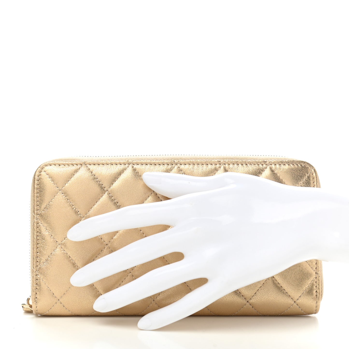 Metallic Lambskin Quilted Large Gusset Zip Around Wallet Gold