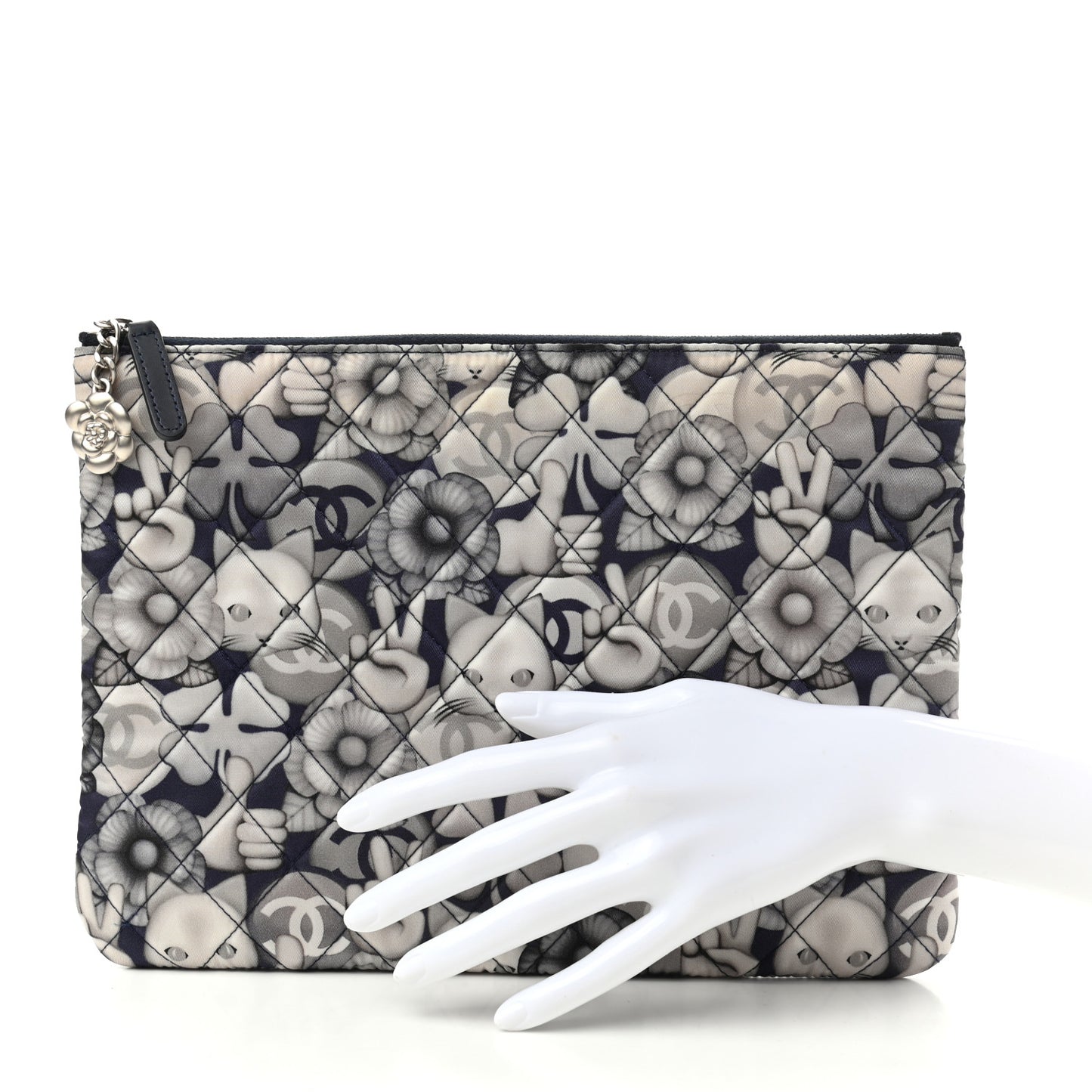 Nylon Quilted Medium Cat Emoticon Cosmetic Case Navy Grey Ecru