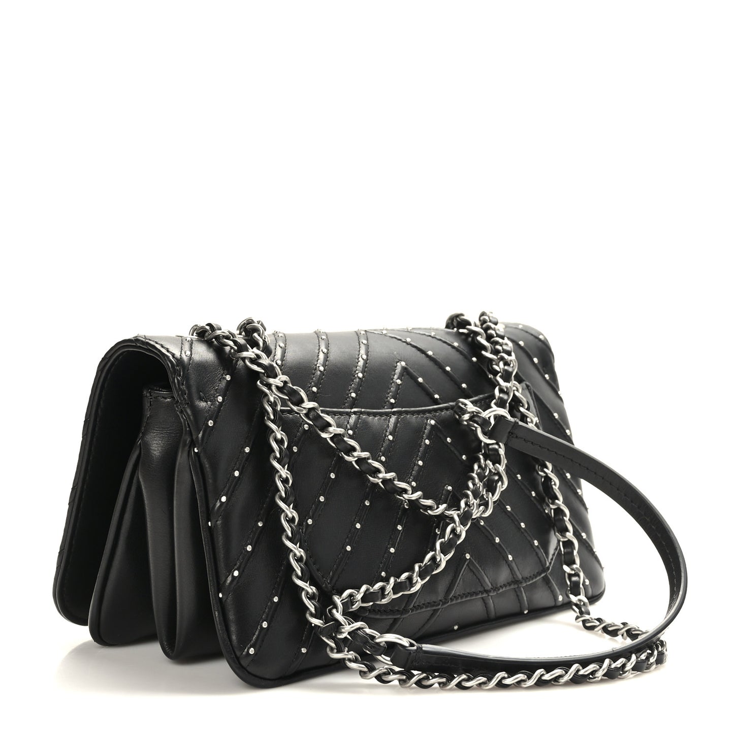 Calfskin Studded Chevron Quilted Flap Black