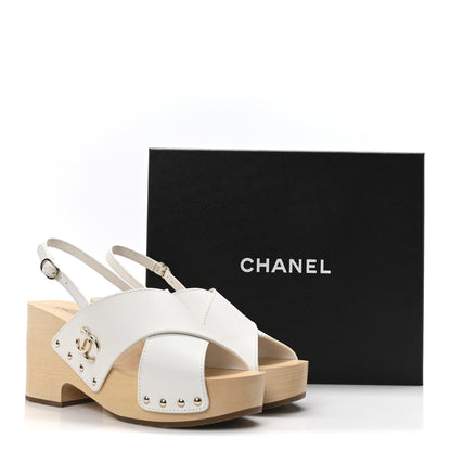 Chanel Calfskin Studded Slingback Clog Sandals 40 White 10 of 10