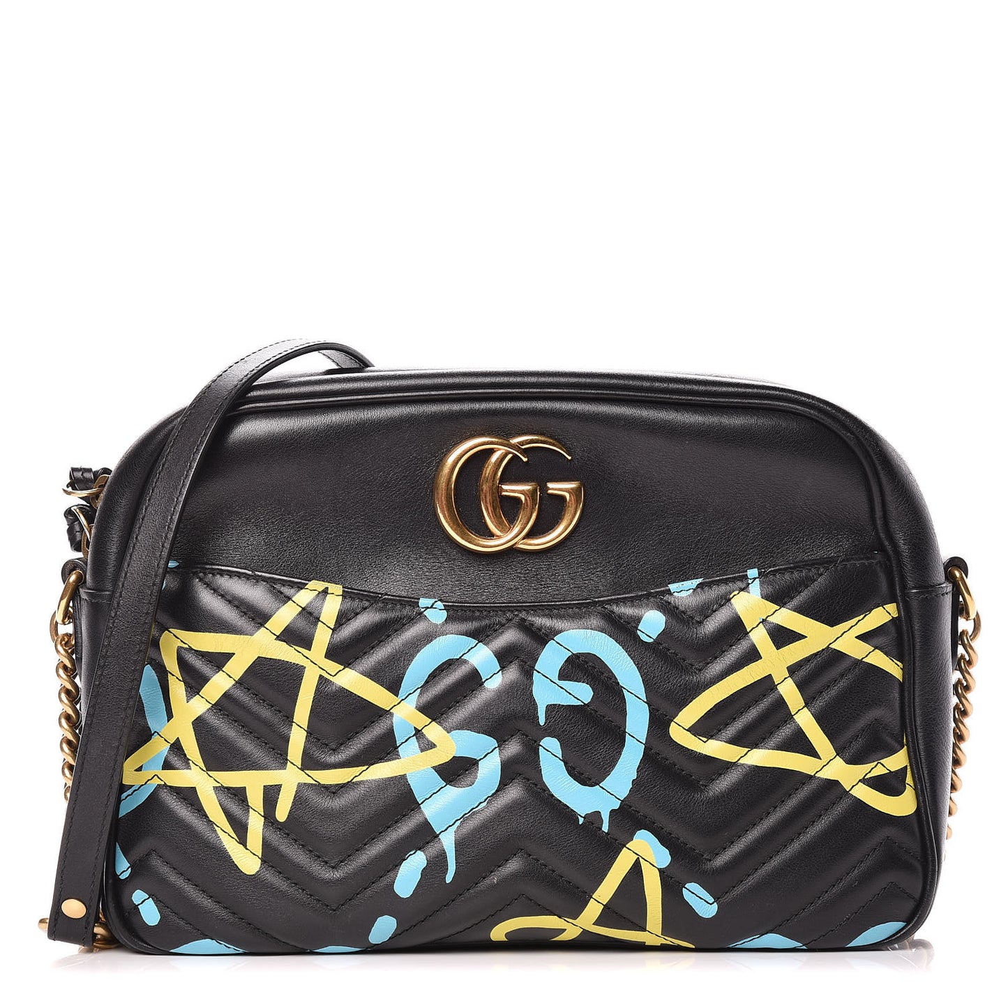 Calfskin Matelasse GucciGhost Medium GG Marmont Chain Shoulder Bag Black New Acquamarine