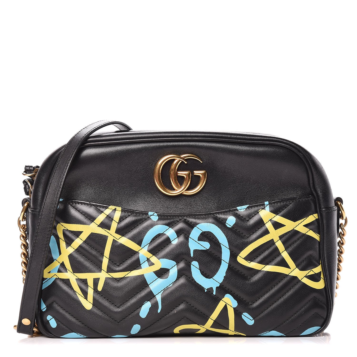 Gucci Calfskin Matelasse GucciGhost Medium GG Marmont Chain Shoulder Bag Black New Acquamarine 1 of 14
