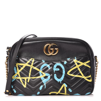 Gucci Calfskin Matelasse GucciGhost Medium GG Marmont Chain Shoulder Bag Black New Acquamarine 1 of 14