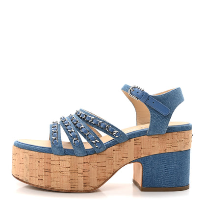 Chanel Denim Cork Chain Wedge Sandals 39 Blue 1 of 8
