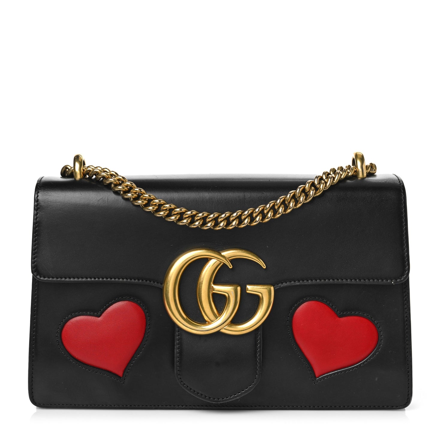 Knight Calfskin Malaga Kid Heart Medium GG Marmont Chain Handle Bag Black Hibiscus Red Multicolor