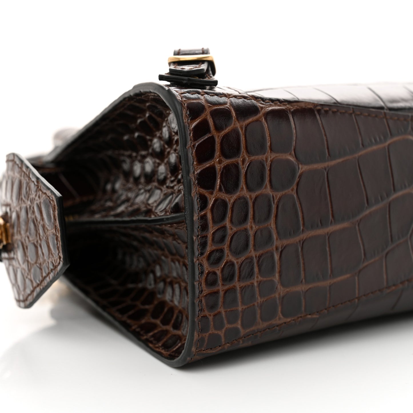 Semi Shiny Calfskin Crocodile Embossed Neo Classic Gold Hardware Mini City Dark Brown