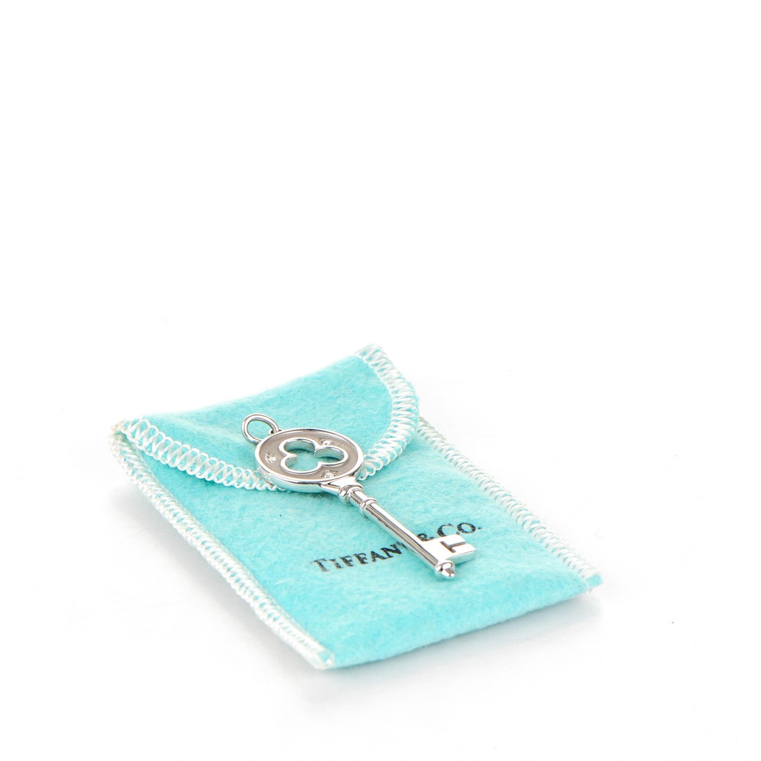 Tiffany 18K White Gold Diamond Clover Key Pendant 4 of 4