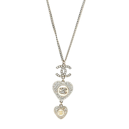 Chanel Crystal Pearl CC Heart Drop Pendant Necklace Silver 1 of 5