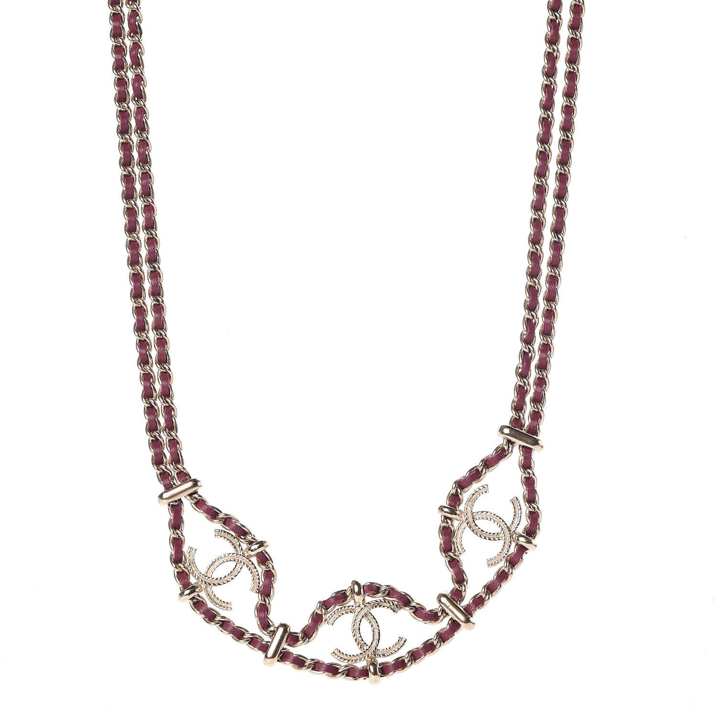 Metal Lambskin CC Chain Link Necklace Gold Burgundy