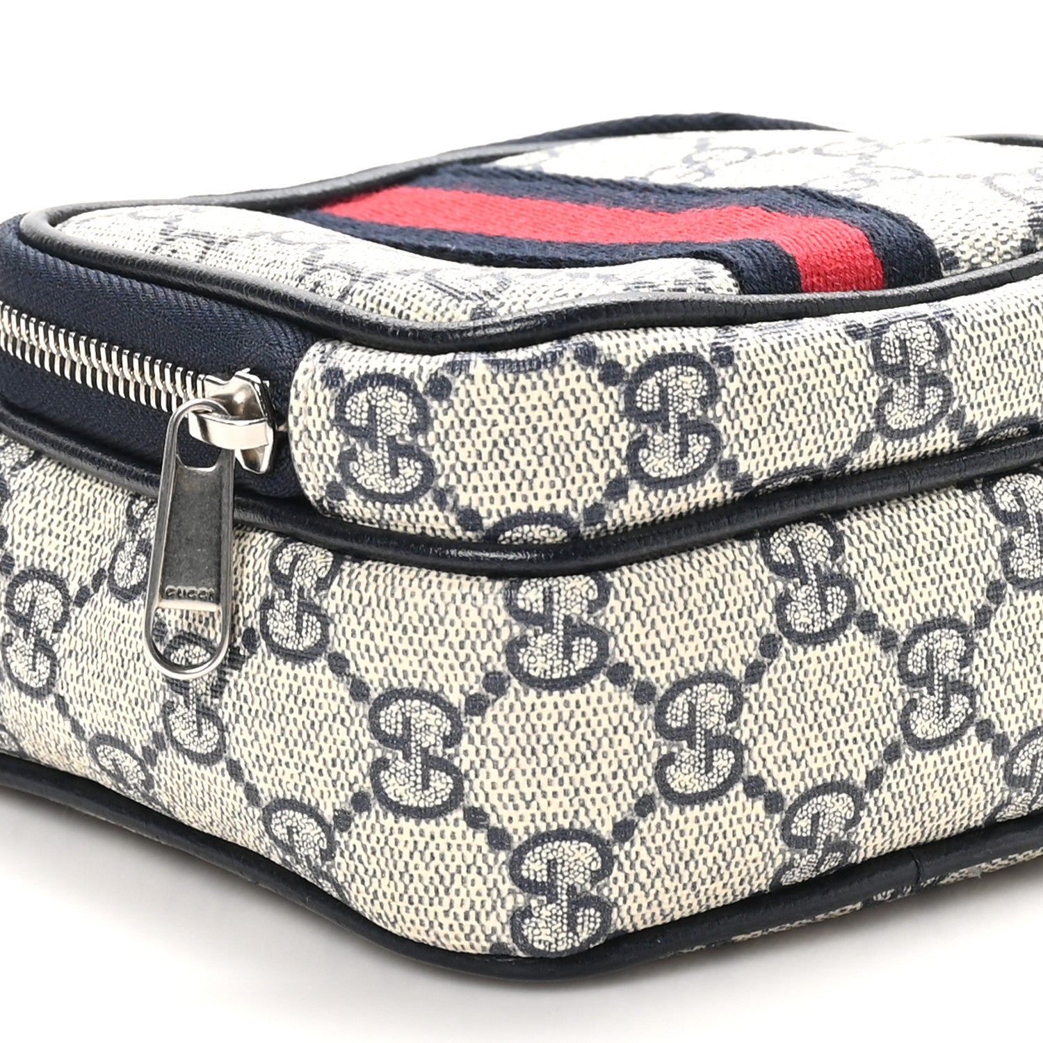 Gucci GG Supreme Monogram Textured Dollar Calfskin Web Mini Ophidia Double Zip Messenger Bag Beige Blue 9 of 10
