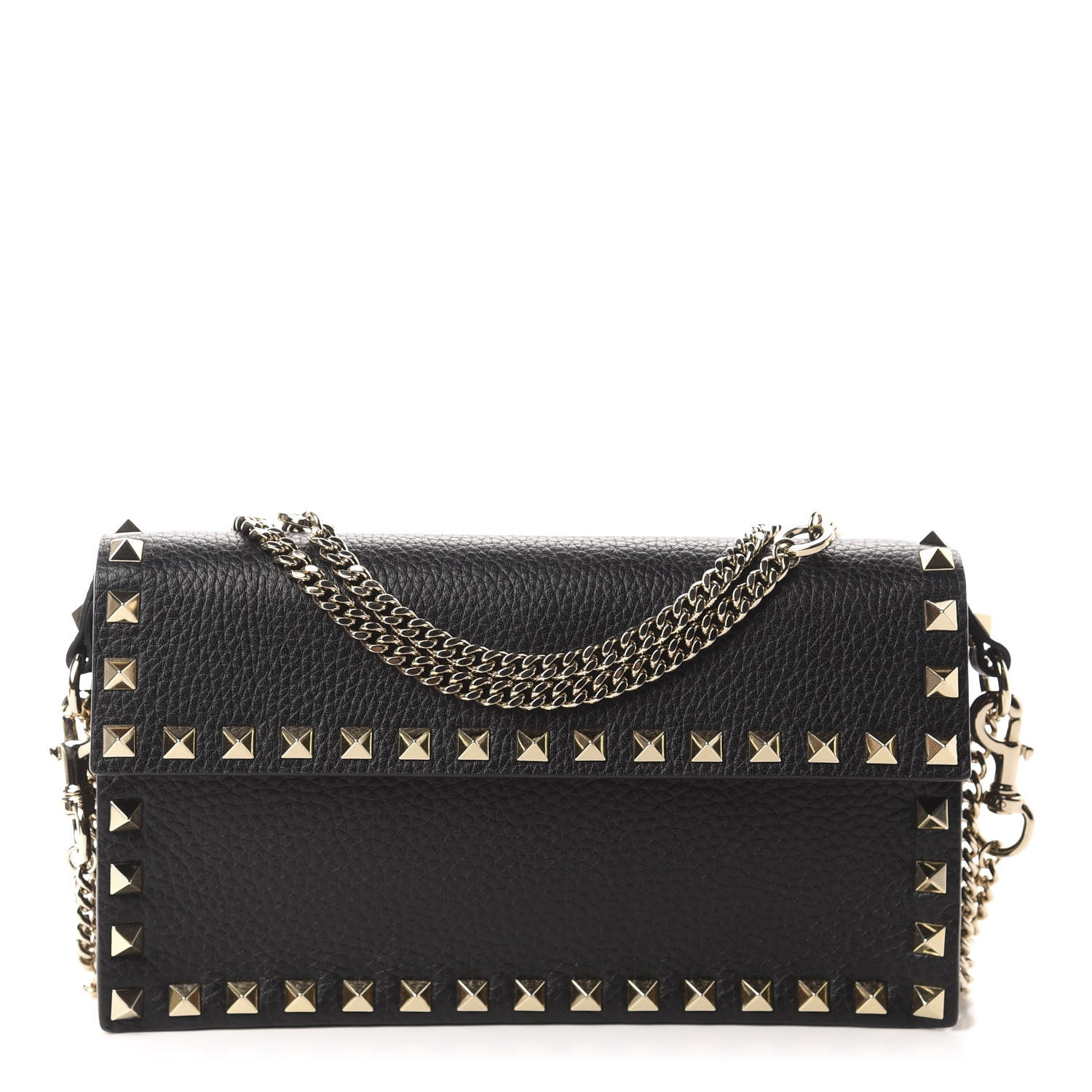 Valentino Garavani Pebbled Calfskin Rockstud Flap Wallet On Chain Black 1 of 9