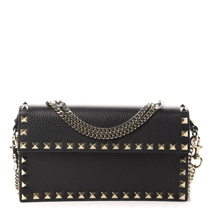 Valentino Garavani Pebbled Calfskin Rockstud Flap Wallet On Chain Black 1 of 9