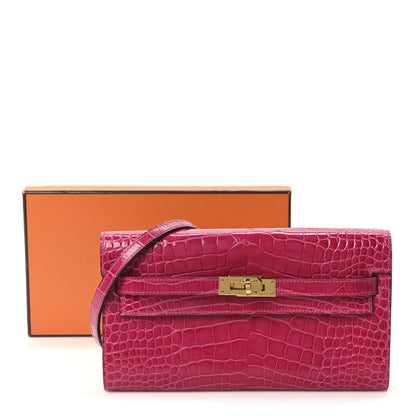 Hermes Shiny Alligator Kelly Wallet To Go Rose Scheherazade 10 of 10