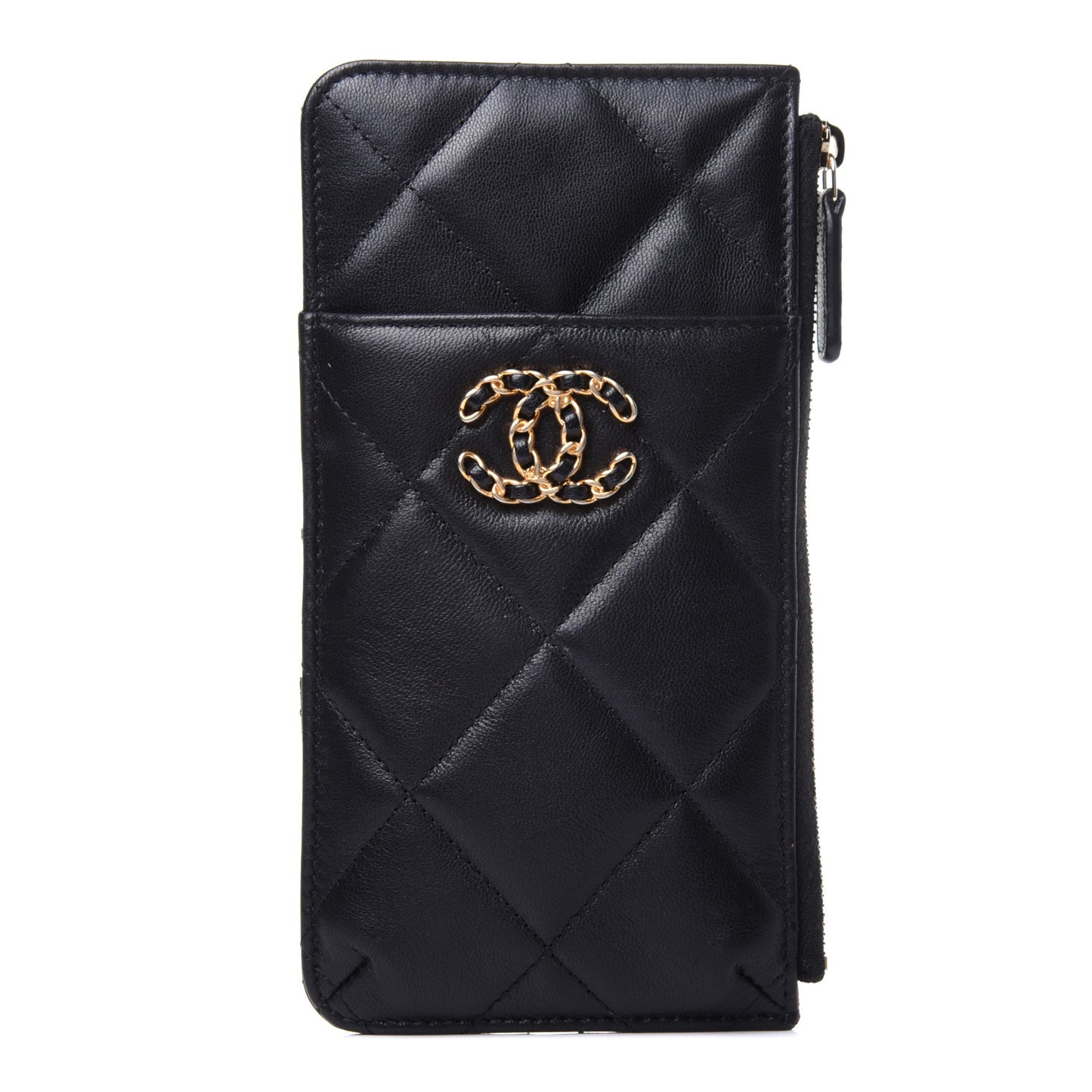 Goatskin Quilted Chanel 19 Flat Wallet Pouch Black
