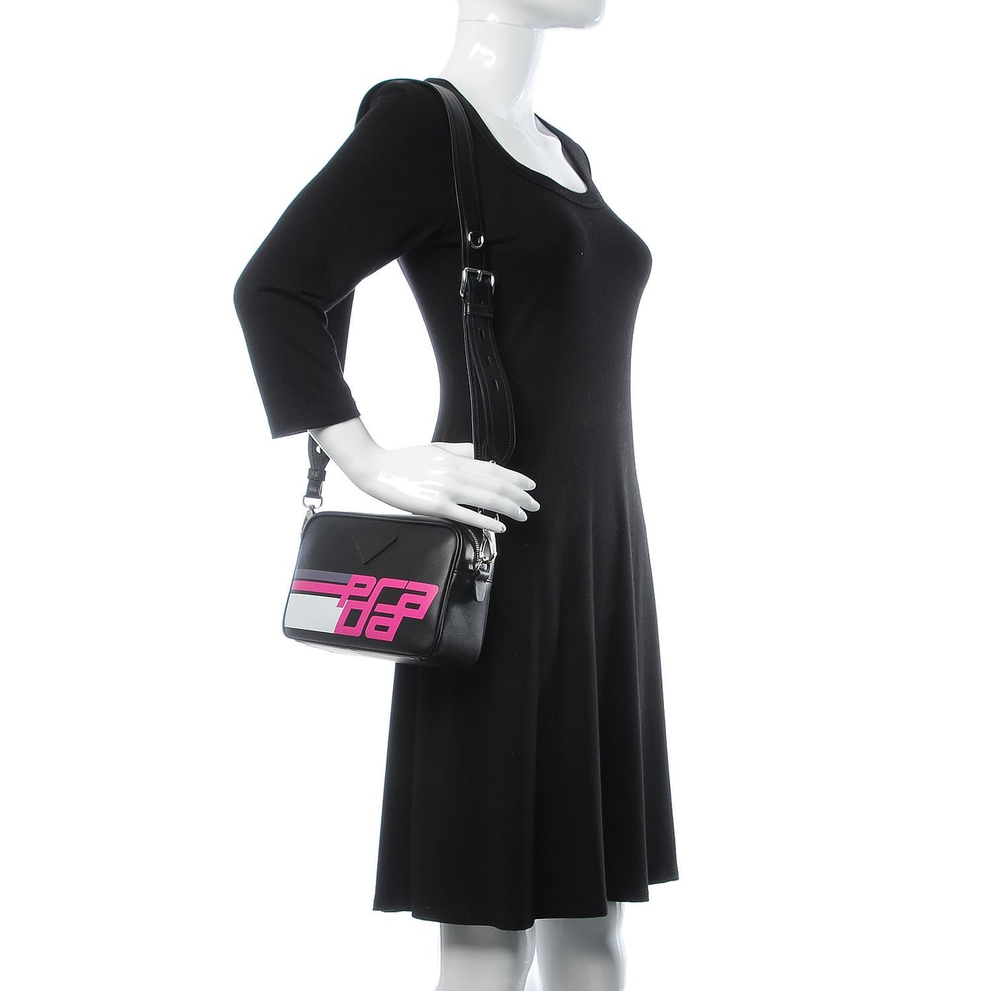 PRADA City Calfskin Racing Logo Camera Bag Black Fuxia