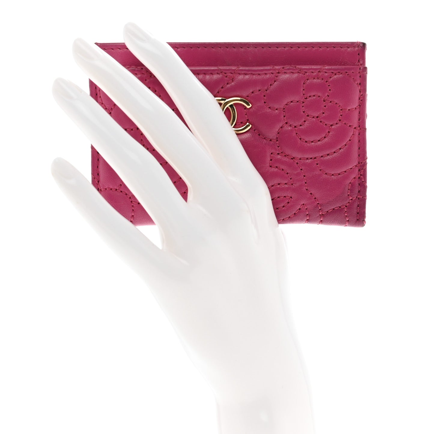 Lambskin Camellia Embossed Card Holder Fuchsia