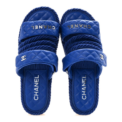 Chanel Cord Lambskin Quilted Logo Sandals 38 Blue 4 of 20