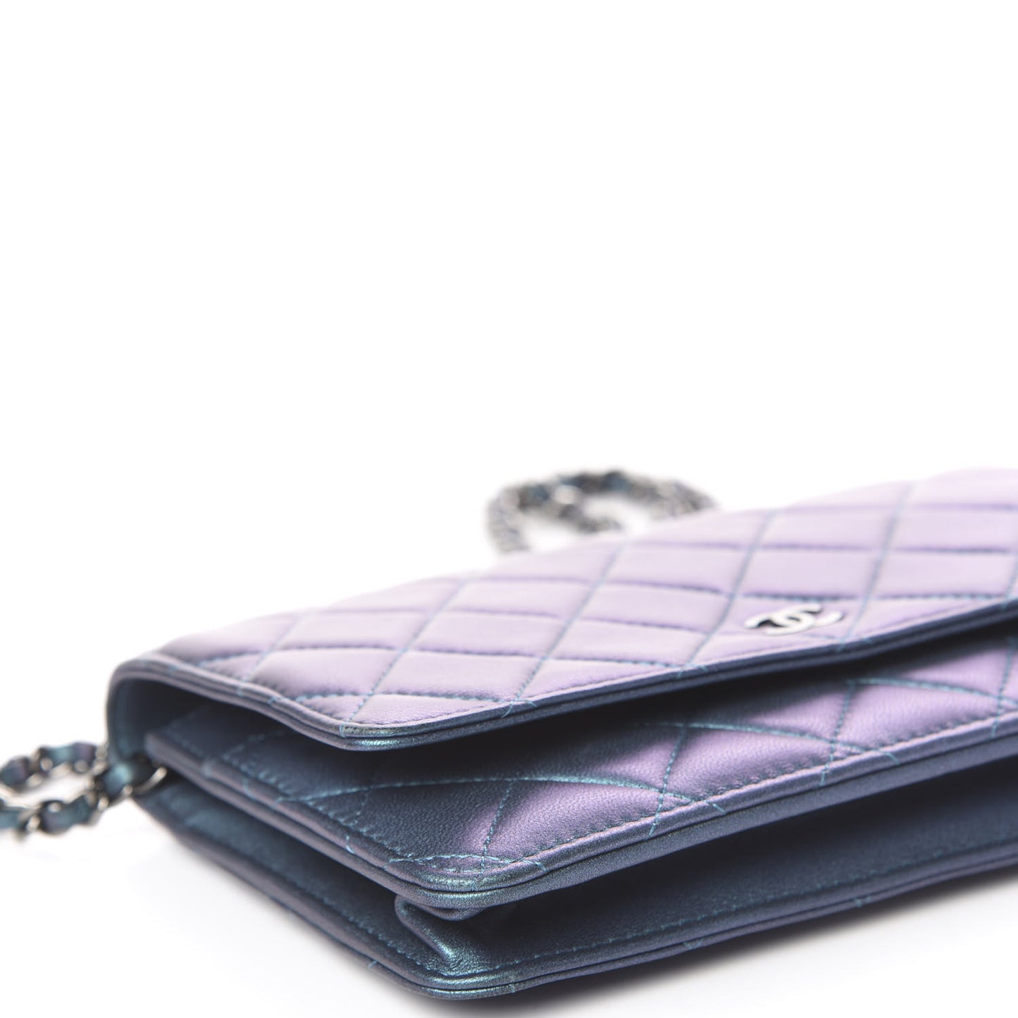 Metallic Lambskin Wallet On Chain WOC Turquoise