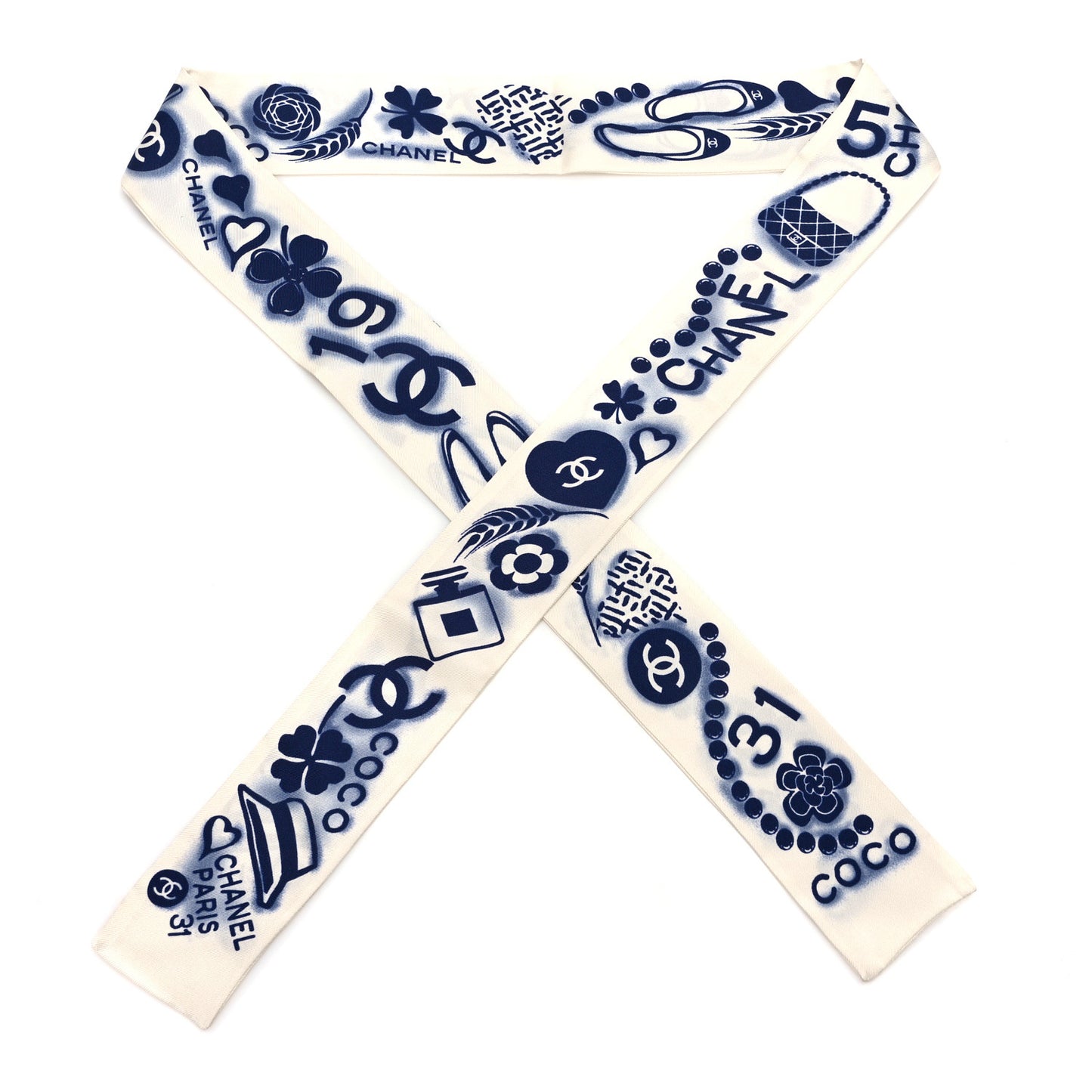 Silk CC Slim Bandeau Scarf White Blue
