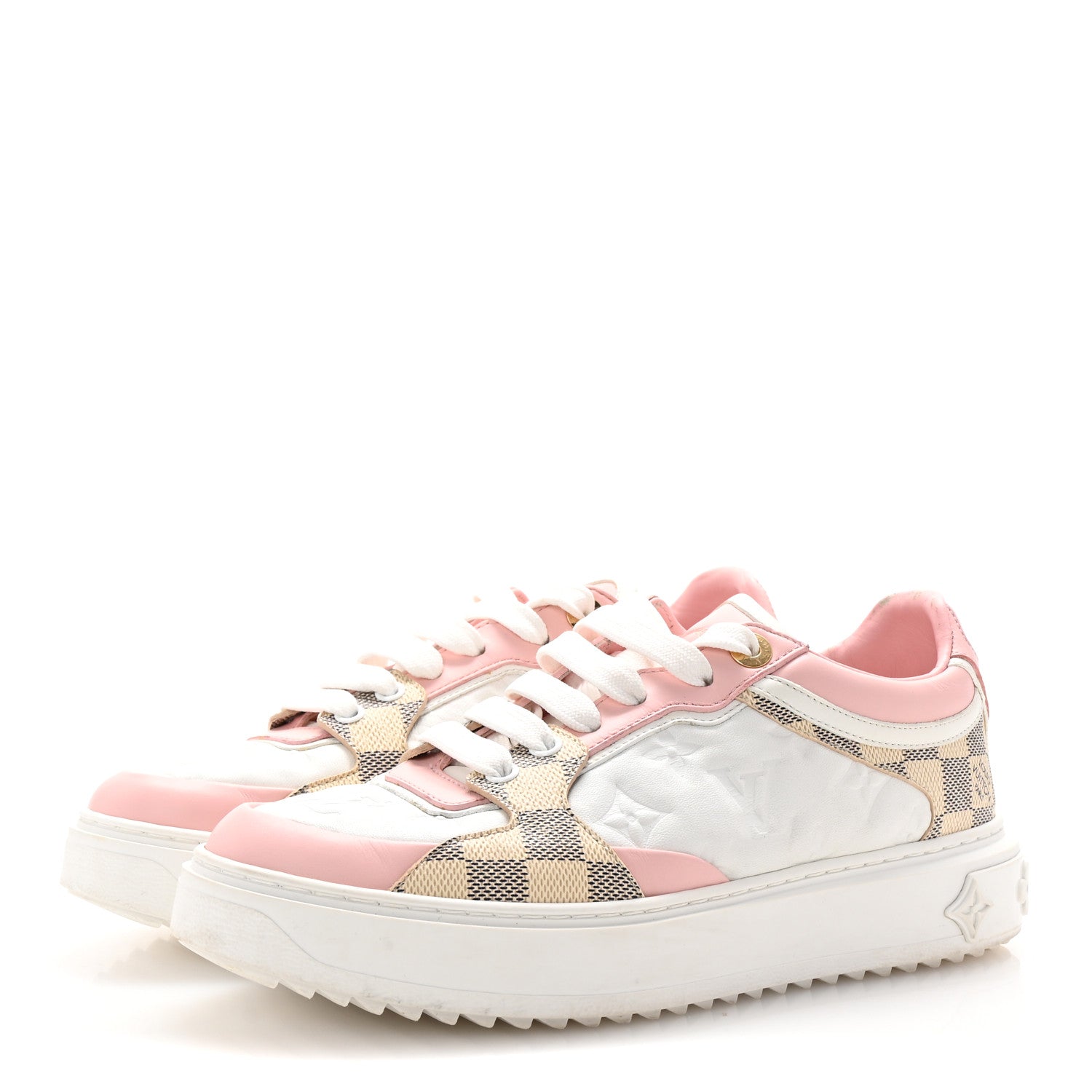 Louis Vuitton Monogram Embossed Calfskin Damier Azur Time Out Sneakers 38.5 Rose Clair Pink 4 of 10