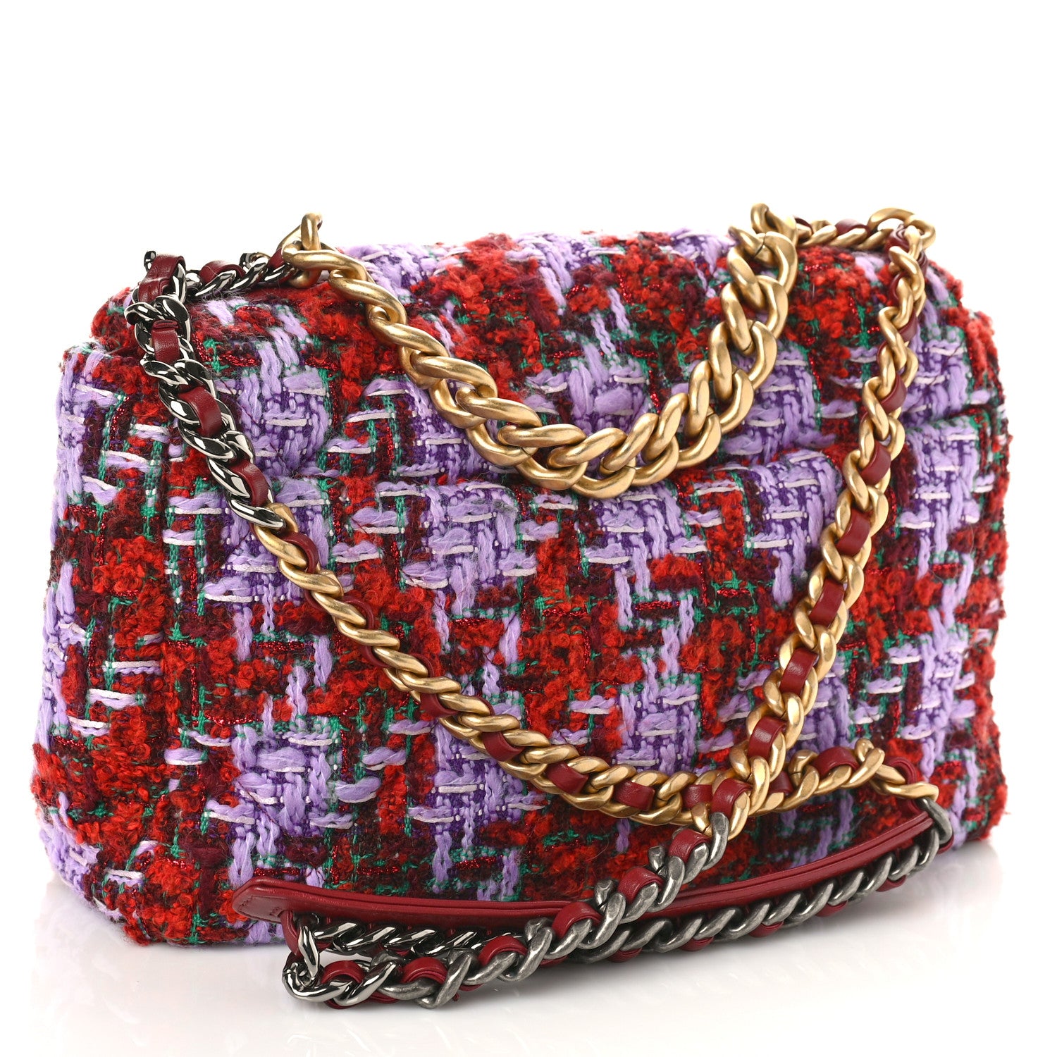 Chanel Tweed Quilted Large Chanel 19 Flap Red Purple Green 3 of 9