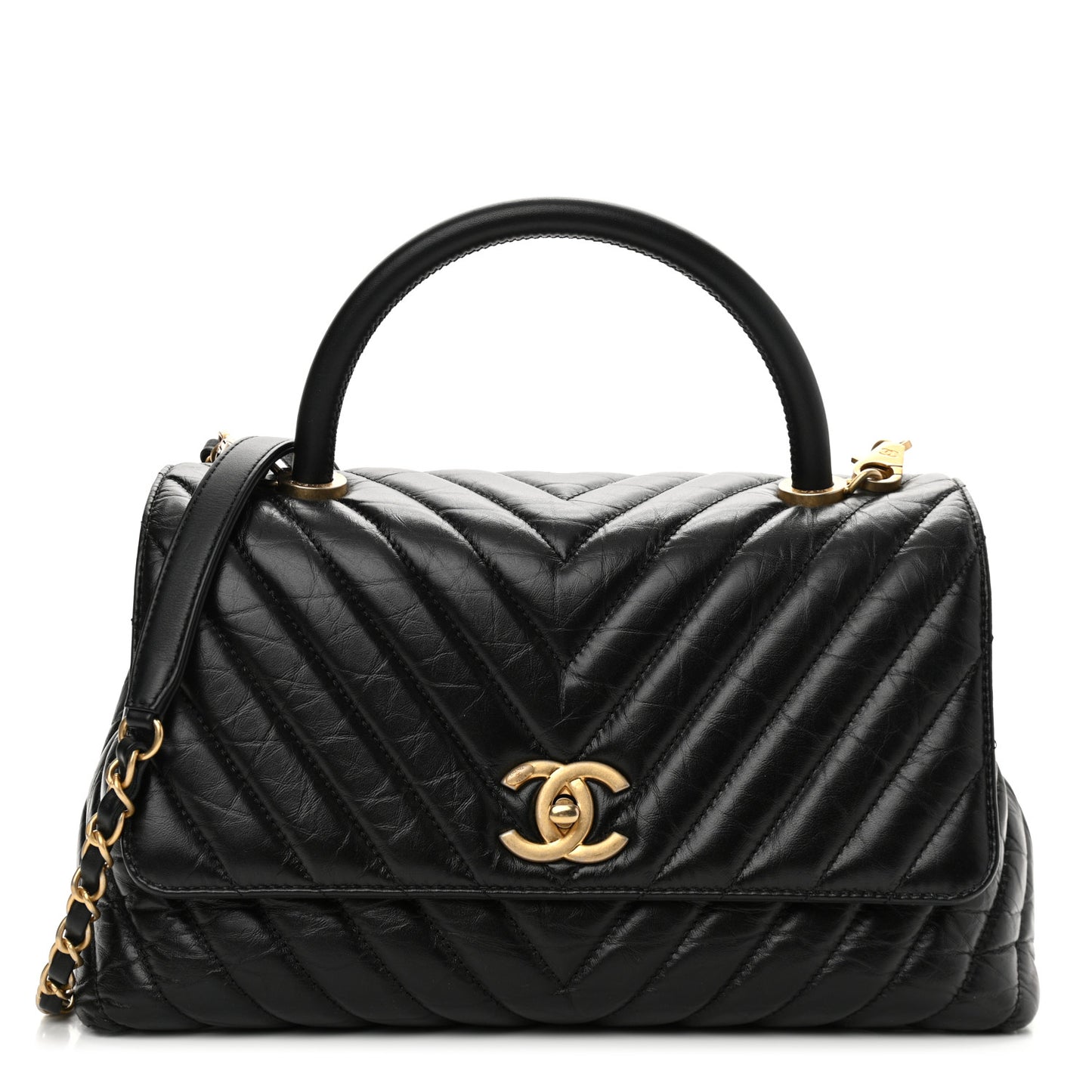 Aged Calfskin Chevron Quilted Small Coco Handle Flap Black