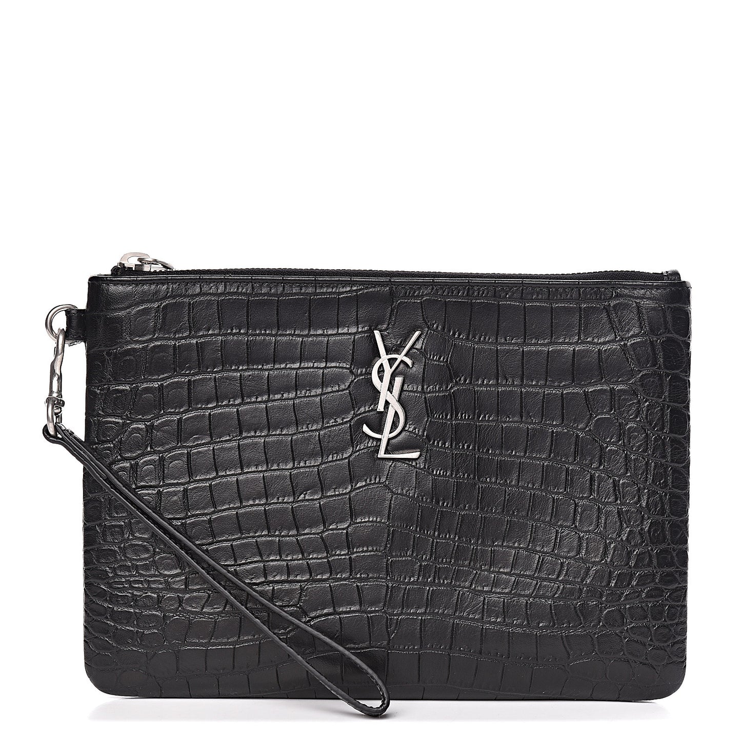 Calfskin Crocodile Embossed Monogram Zip Pouch Black