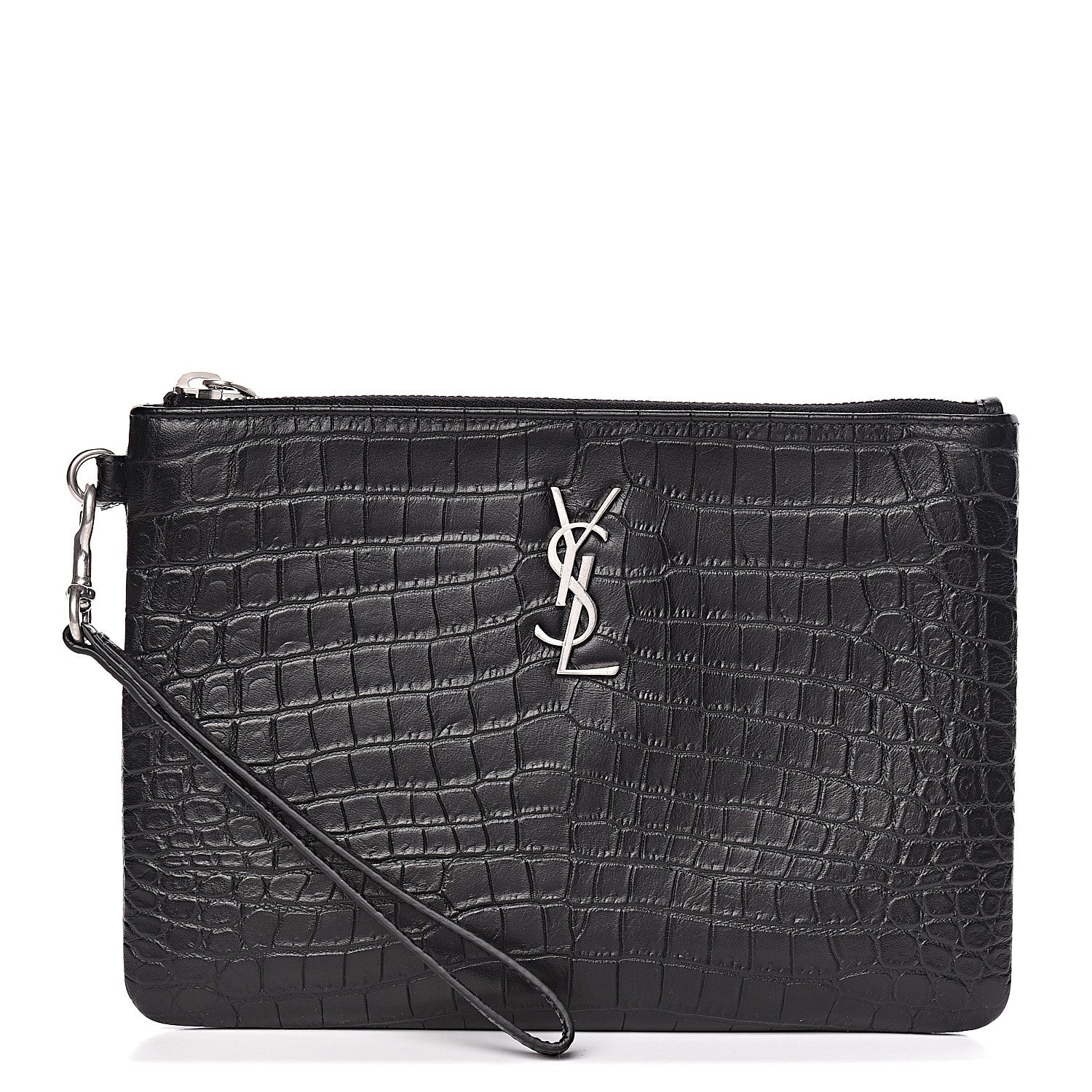 Saint Laurent Calfskin Crocodile Embossed Monogram Zip Pouch Black 1 of 7
