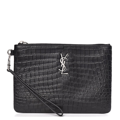 Saint Laurent Calfskin Crocodile Embossed Monogram Zip Pouch Black 1 of 7