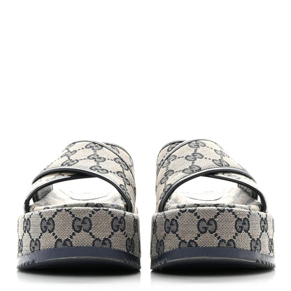 Gucci Monogram Criss Cross Platform Slide Sandals 34.5 Beige Blue 2 of 11