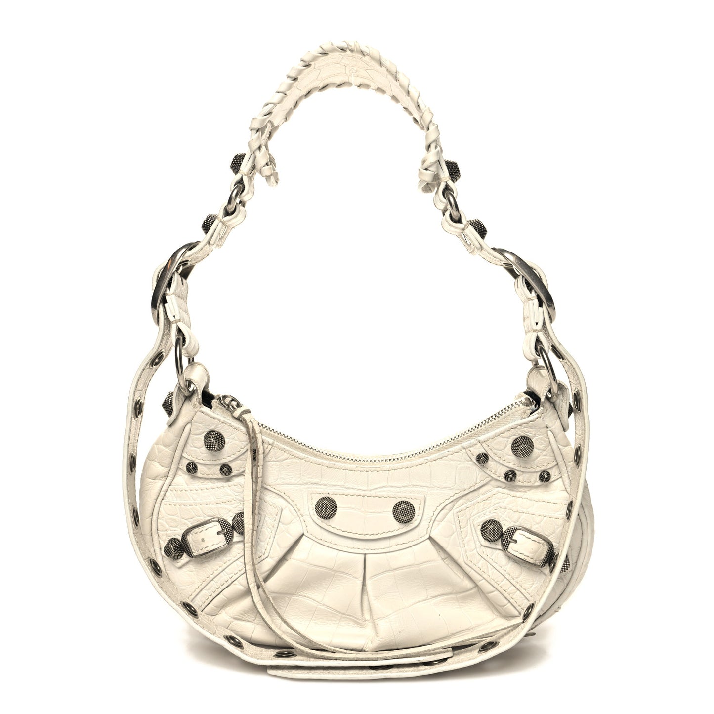 Extra Supple Calfskin Crocodile Embossed Le Cagole Shoulder Bag XS White