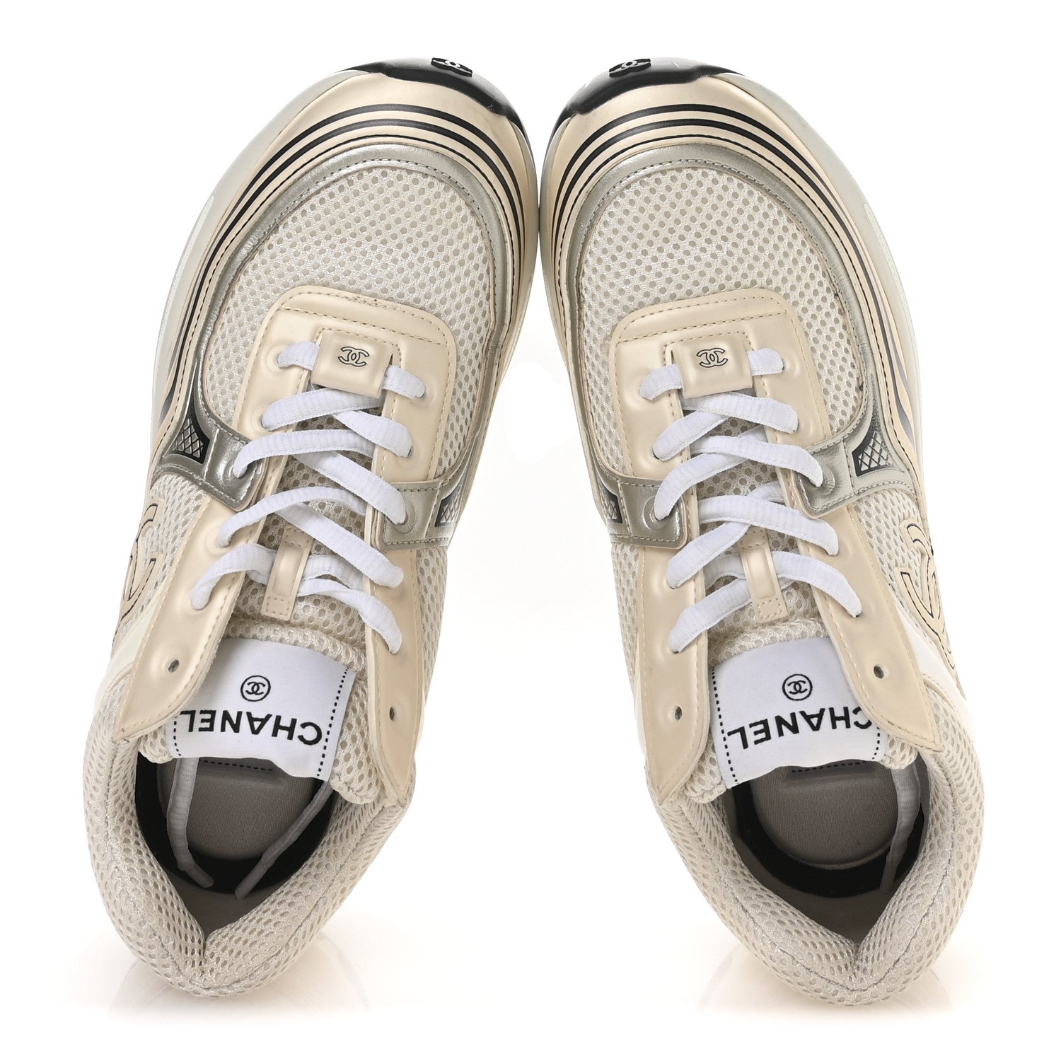 Chanel Fabric Laminated Calfskin Stretch CC Sneakers 37 Ivory White Silver 2 of 9