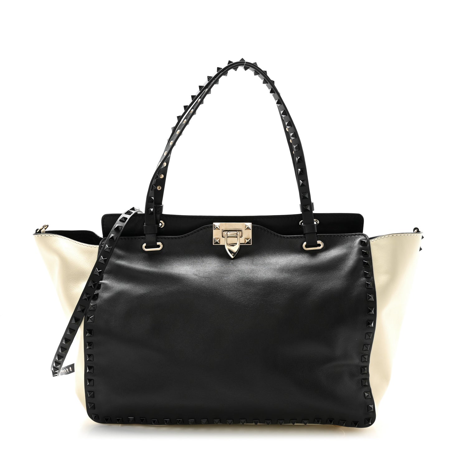 Vitello Monochrome Medium Rockstud Tote Black Light Ivory