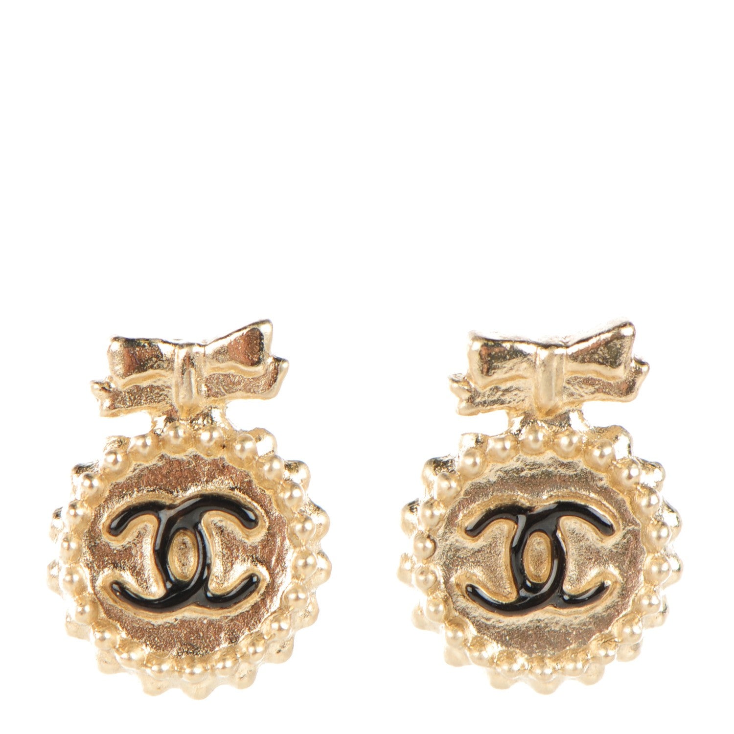 Chanel Enamel CC Ribbon Earrings Black Gold 1 of 4