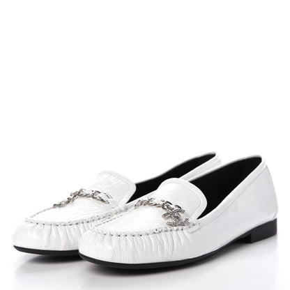 Chanel Crackled Patent Calfskin CC Chain Mocassin Loafers 39.5 White 3 of 8