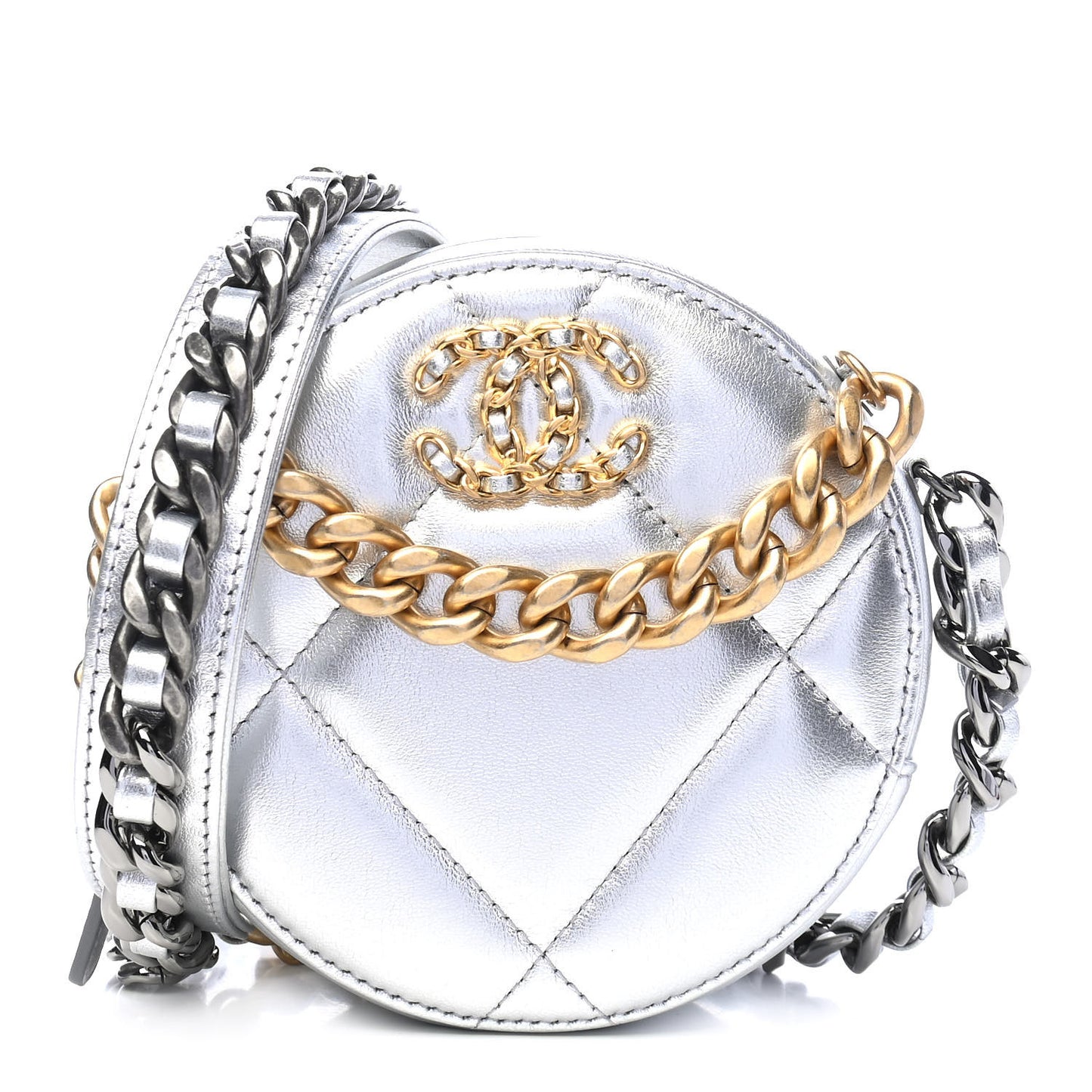 Metallic Lambskin Quilted Chanel 19 Round Clutch With Chain Silver