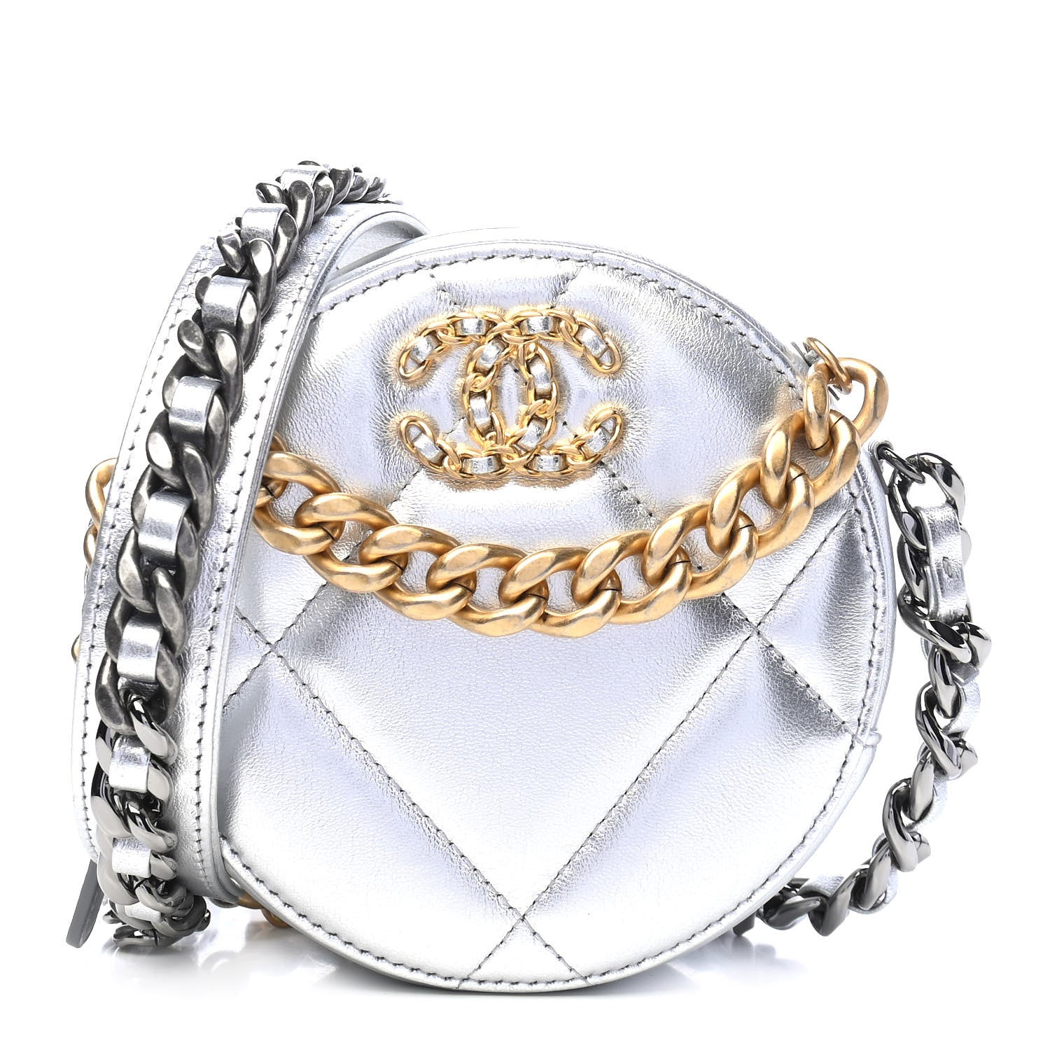 Chanel Metallic Lambskin Quilted Chanel 19 Round Clutch With Chain Silver 1 of 9