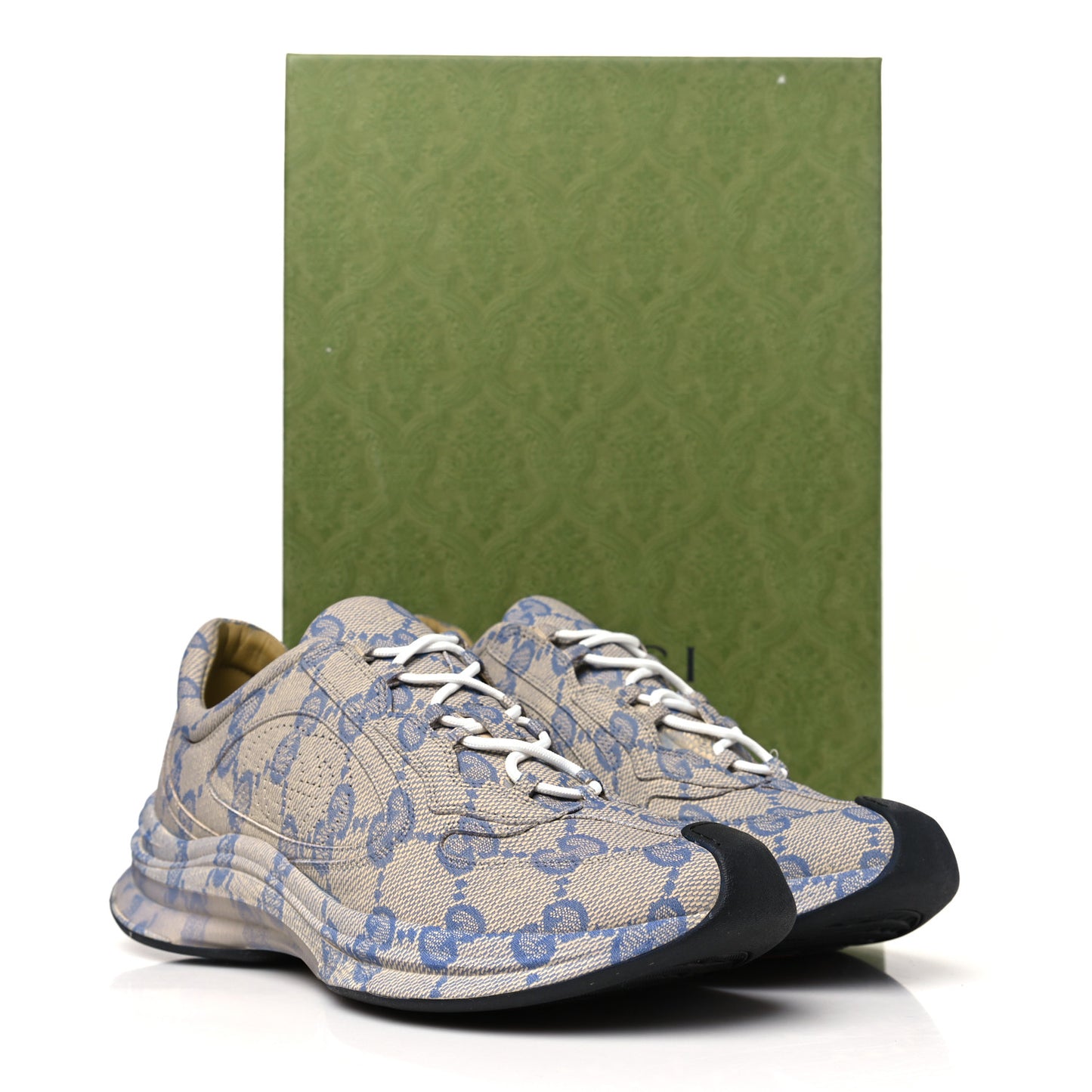 Ultralight Plume Calfskin Monogram Printed Mens Gucci Run Sneakers 10.5 Beige Blue