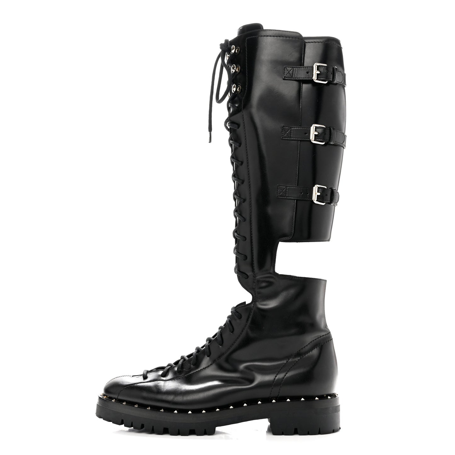 Calfskin Soul Rockstud Split Knee High Boots Black 38.5 Black