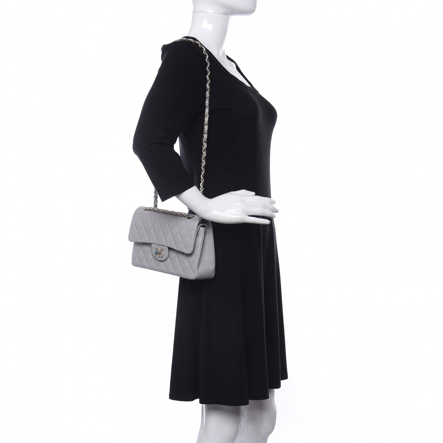 Caviar Quilted Small Double Flap Grey