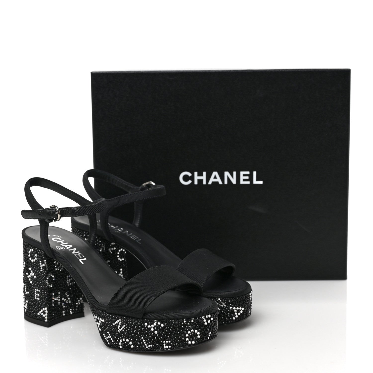 Chanel Grosgrain Strass Logo Platform Sandals 37.5 Black Silver 9 of 9