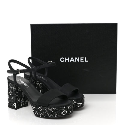 Chanel Grosgrain Strass Logo Platform Sandals 37.5 Black Silver 9 of 9
