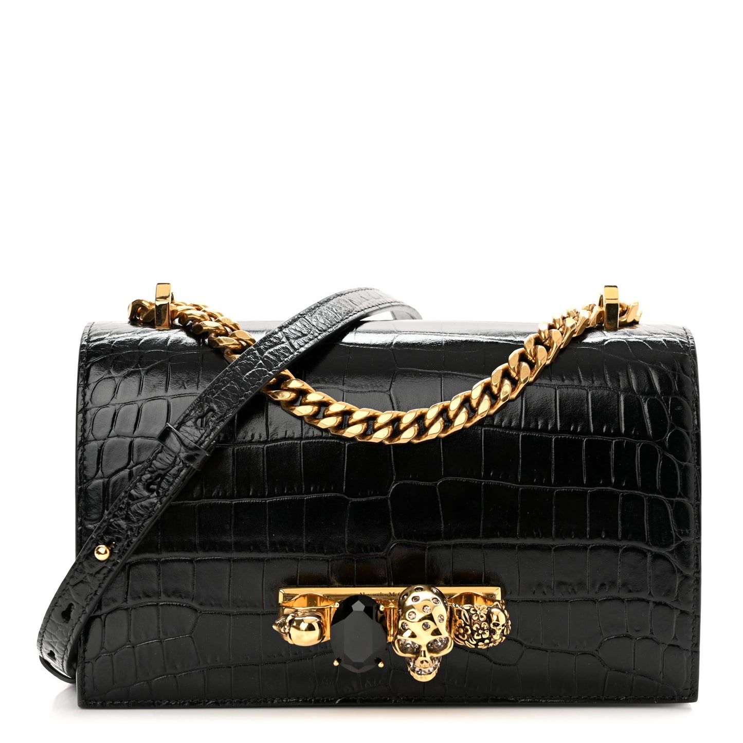 Shiny Crocodile Embossed Jeweled Satchel Black