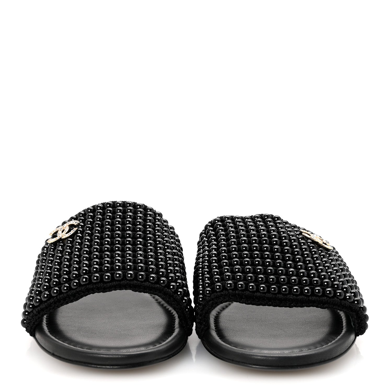 Chanel Pearl Crystal CC Mules Sandals 38.5 Black 1778298