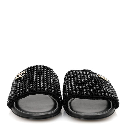 Chanel Pearl Crystal CC Mules Sandals 38.5 Black 3 of 10