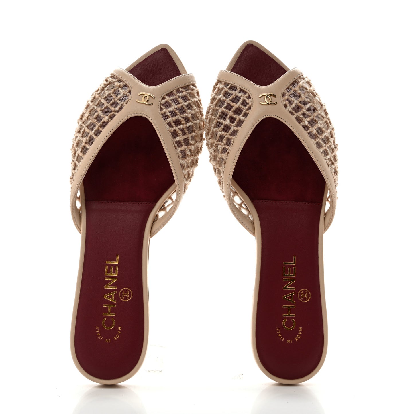 Mesh Cotton Lambskin CC Coco Beach Flat Mules 39.5 Light Beige