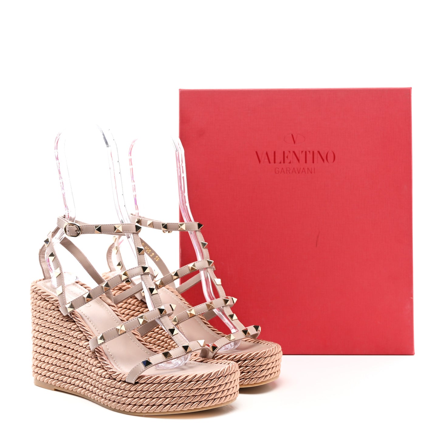 Calfskin Rockstud Ankle Strap Torchon Espadrille Caged 25/95mm Wedge Sandals 39 Poudre