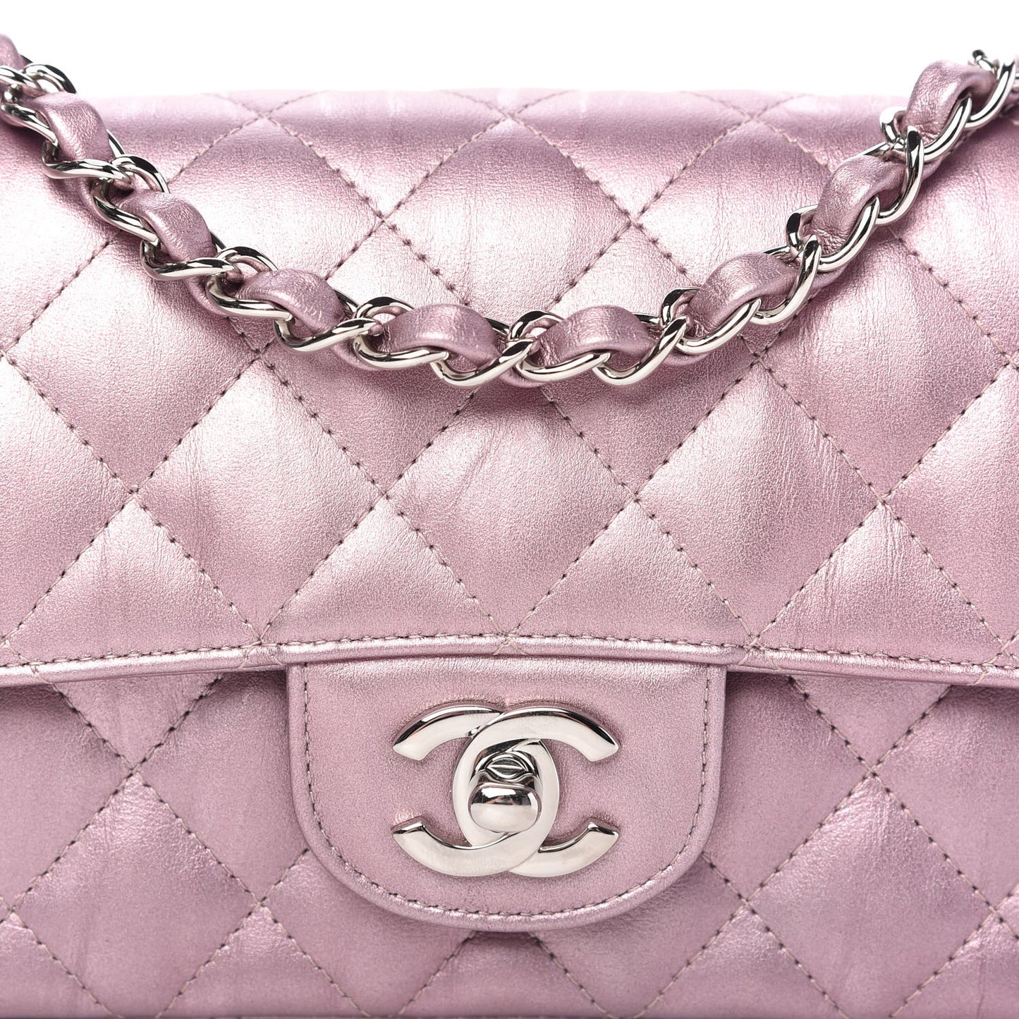 Metallic Calfskin Quilted Mini Rectangular Flap Pink