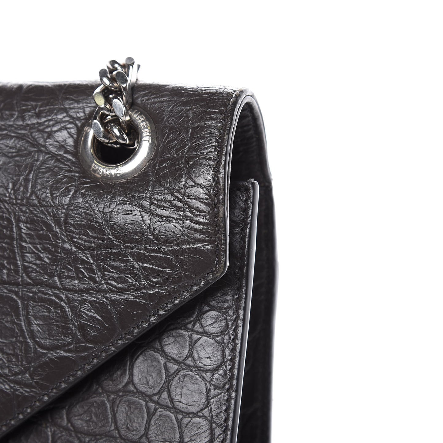 Calfskin Crocodile Embossed Large Monogram Satchel Fog